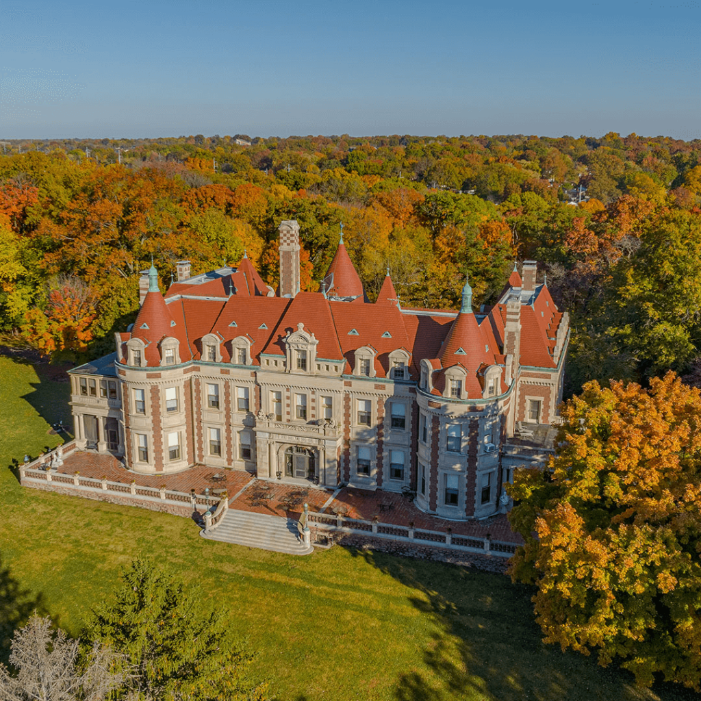 Busch family Big House at Grant’s Farm surrounded by autumn trees in St. Louis County