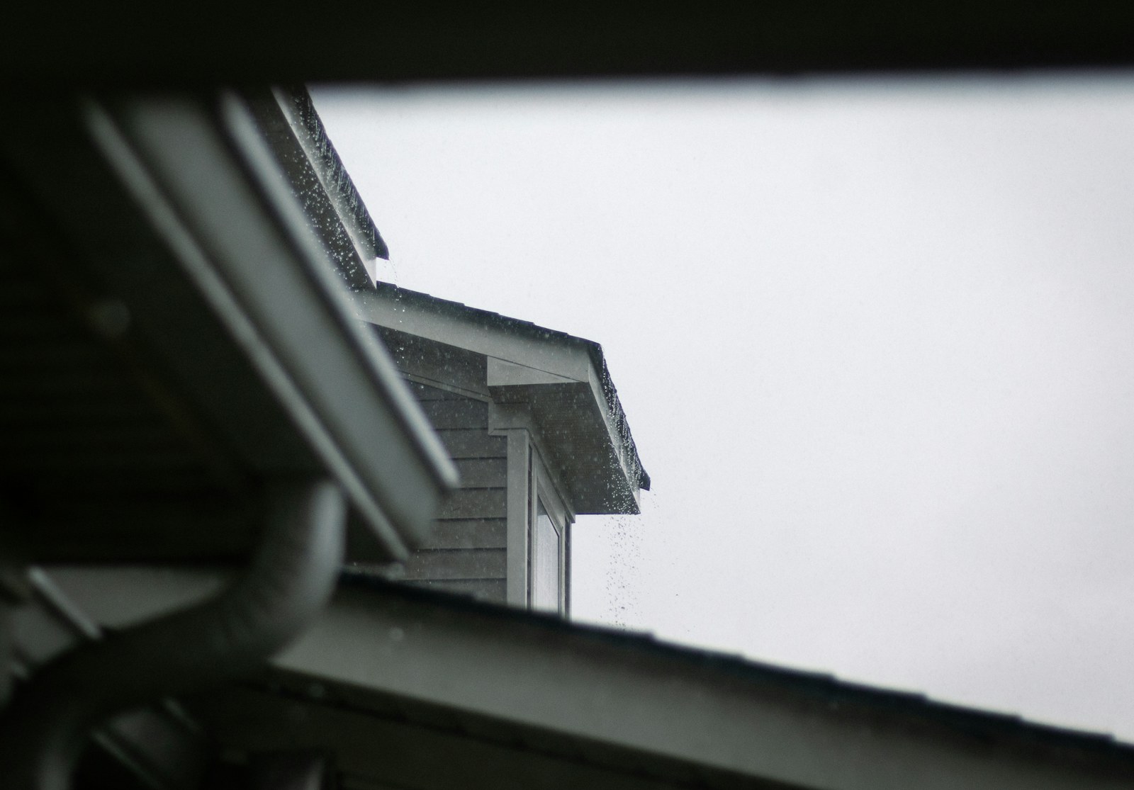 Residential roof, gutter, and downspout during wet weather